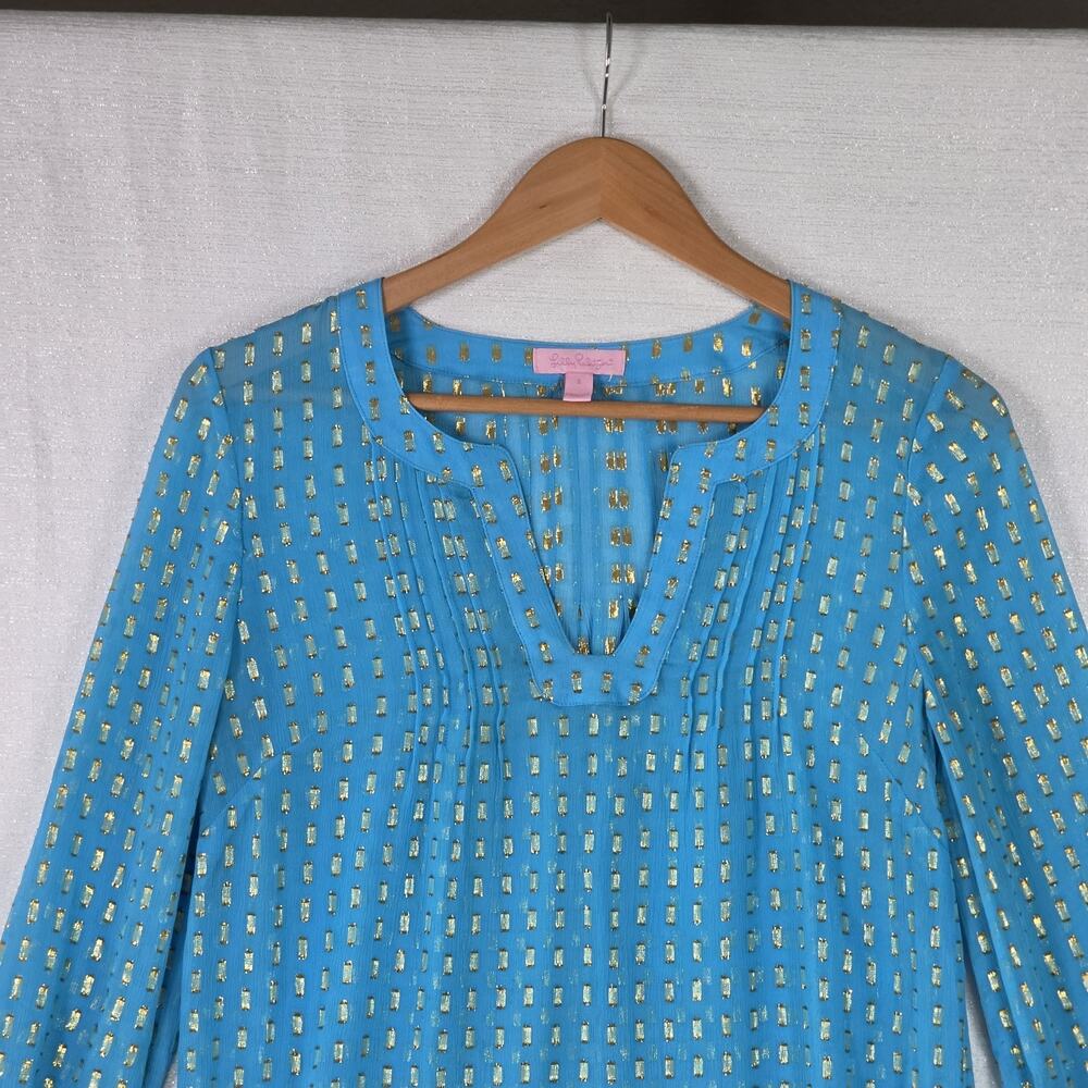 Lilly Pulitzer Colby Blue Silk Tunic Long Sleeve Blouse Sheer Gold Metallic Sm - Picture 4 of 6